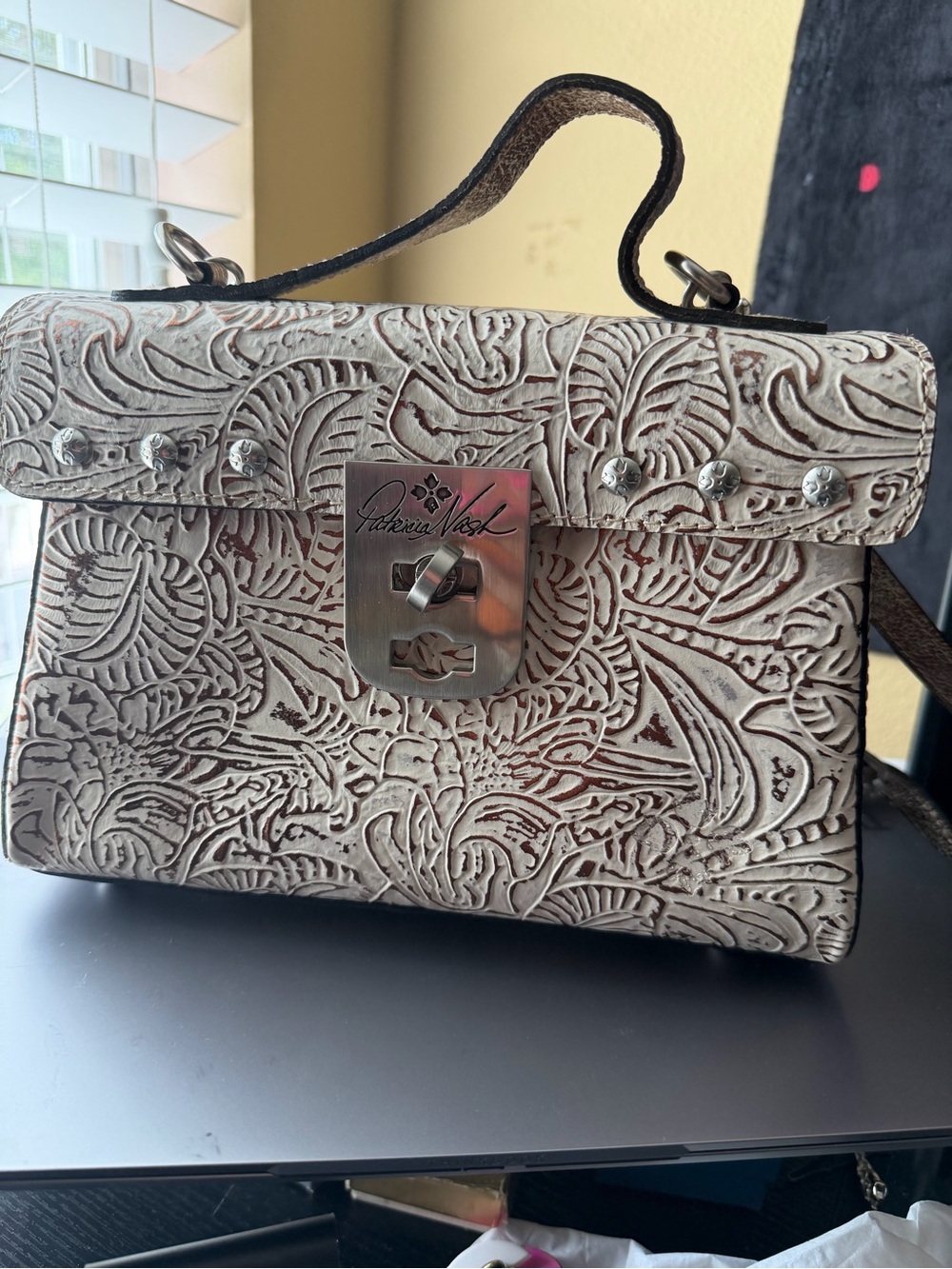 Patricia Nash Cream and Brown Embossed Leather Crossbody Satchel